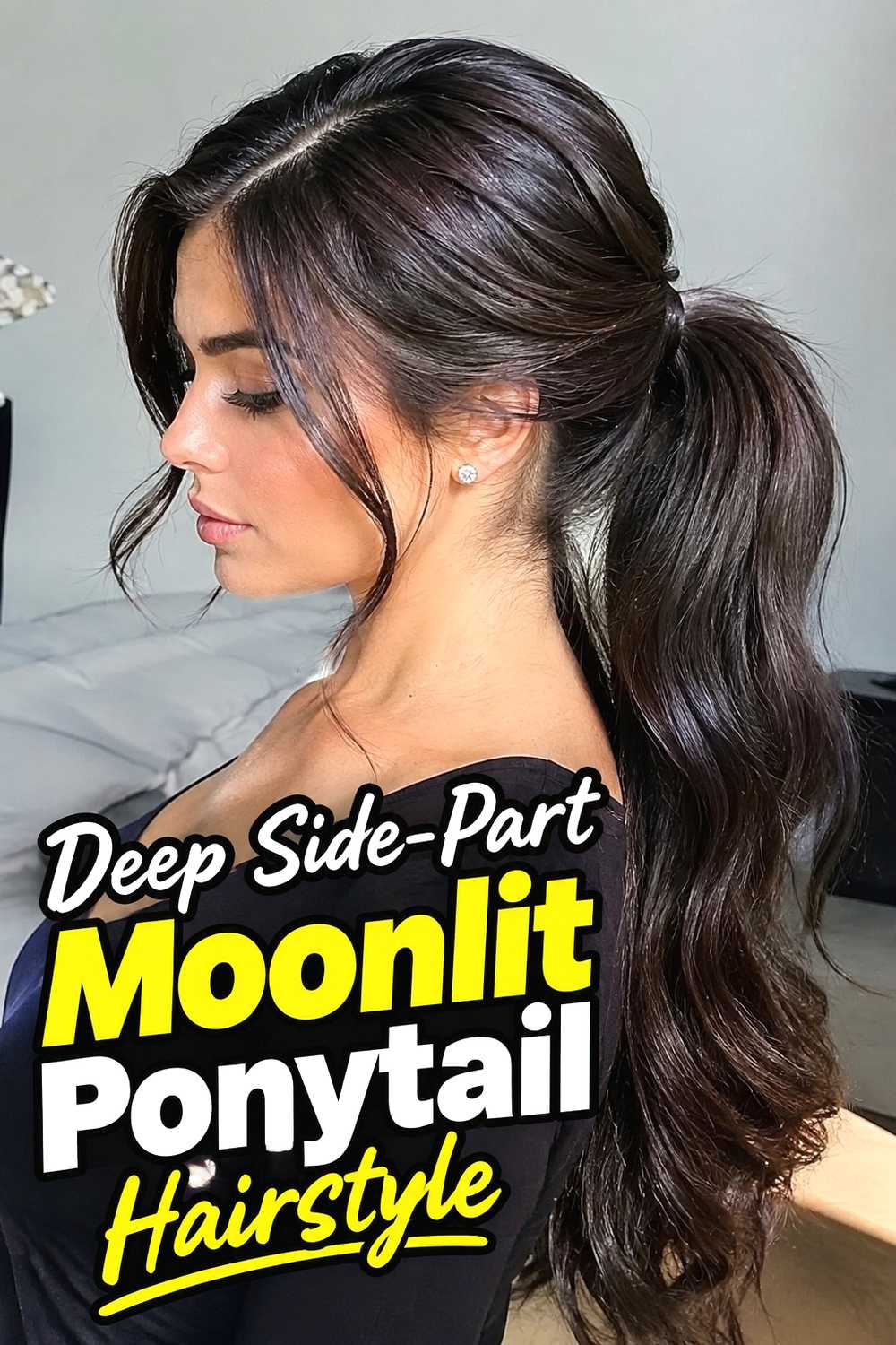 15. Deep Side Part Moonlit Ponytail Hairstyle