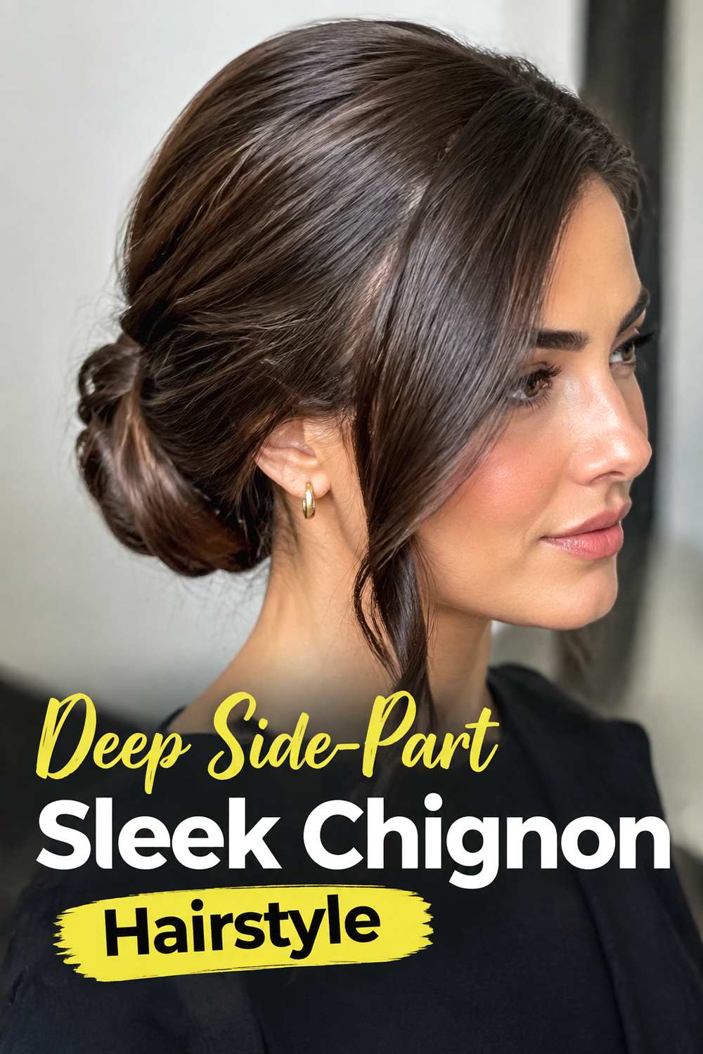 Deep Side-Part Sleek Chignon Hairstyle