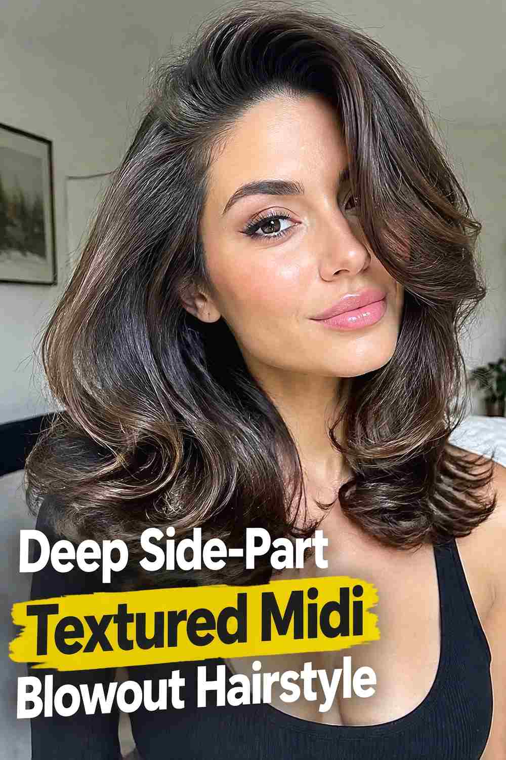 4. Deep Side Part Textured Midi Blowout Hairstyle