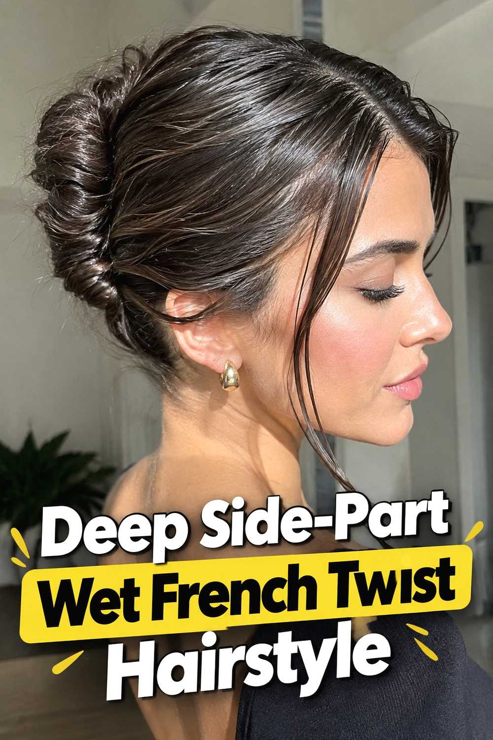 2. Deep Side Part Wet French Twist Hairstyle