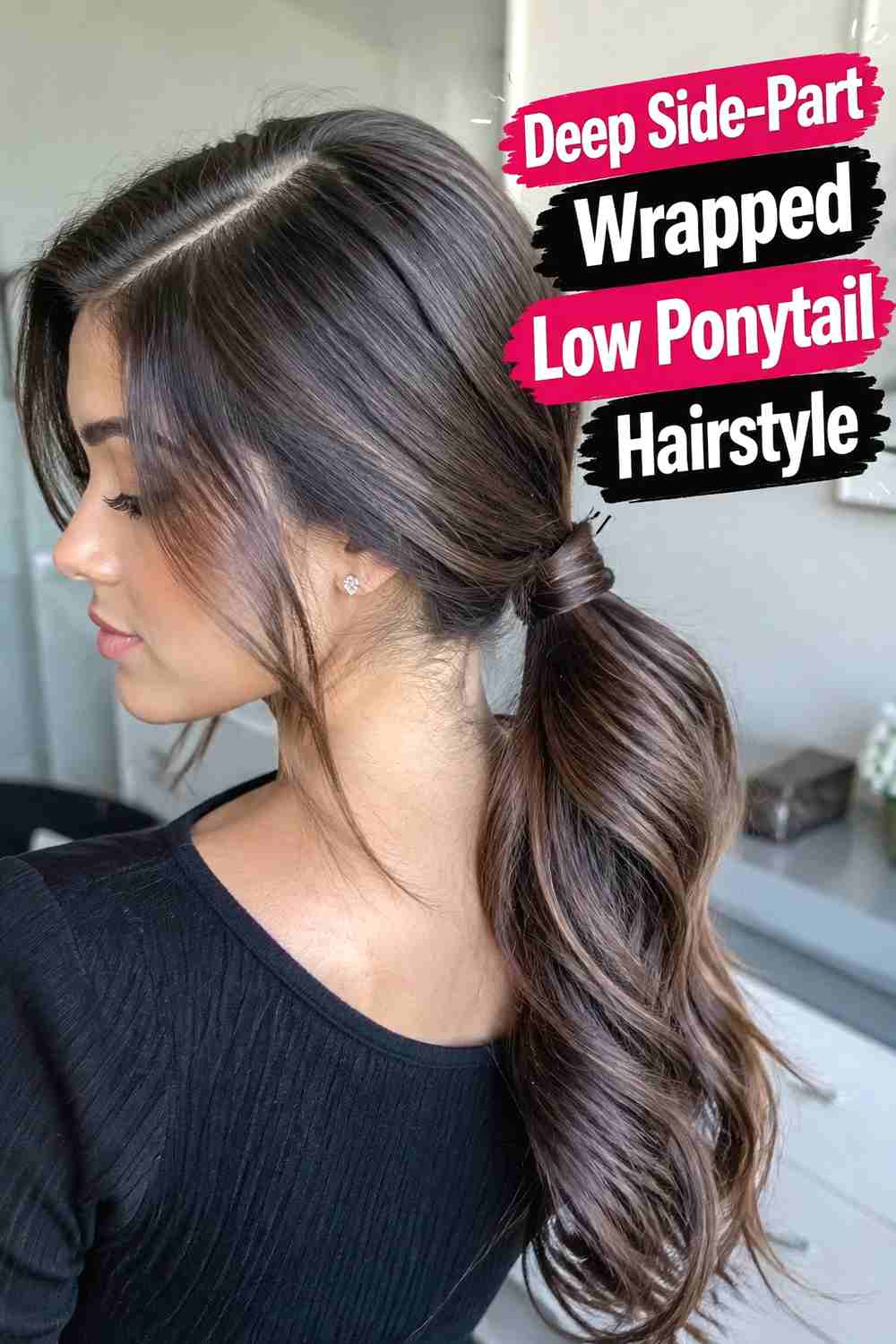 2. Deep Side Part Wrapped Low Ponytail Hairstyle