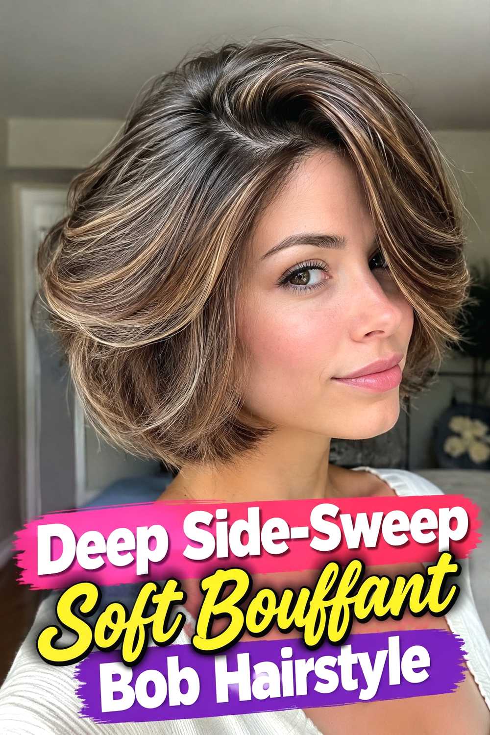 13. Deep Side Sweep Soft Bouffant Bob Hairstyle