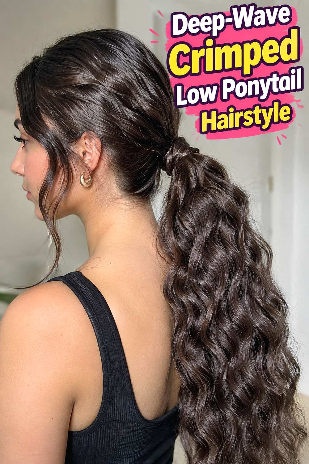 Deep-Wave Crimped Low Ponytail Hairstyle