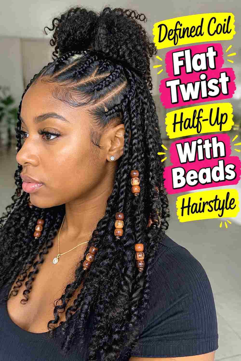 5. Defined Coil Flat Twist Half Up With Beads Hairstyle