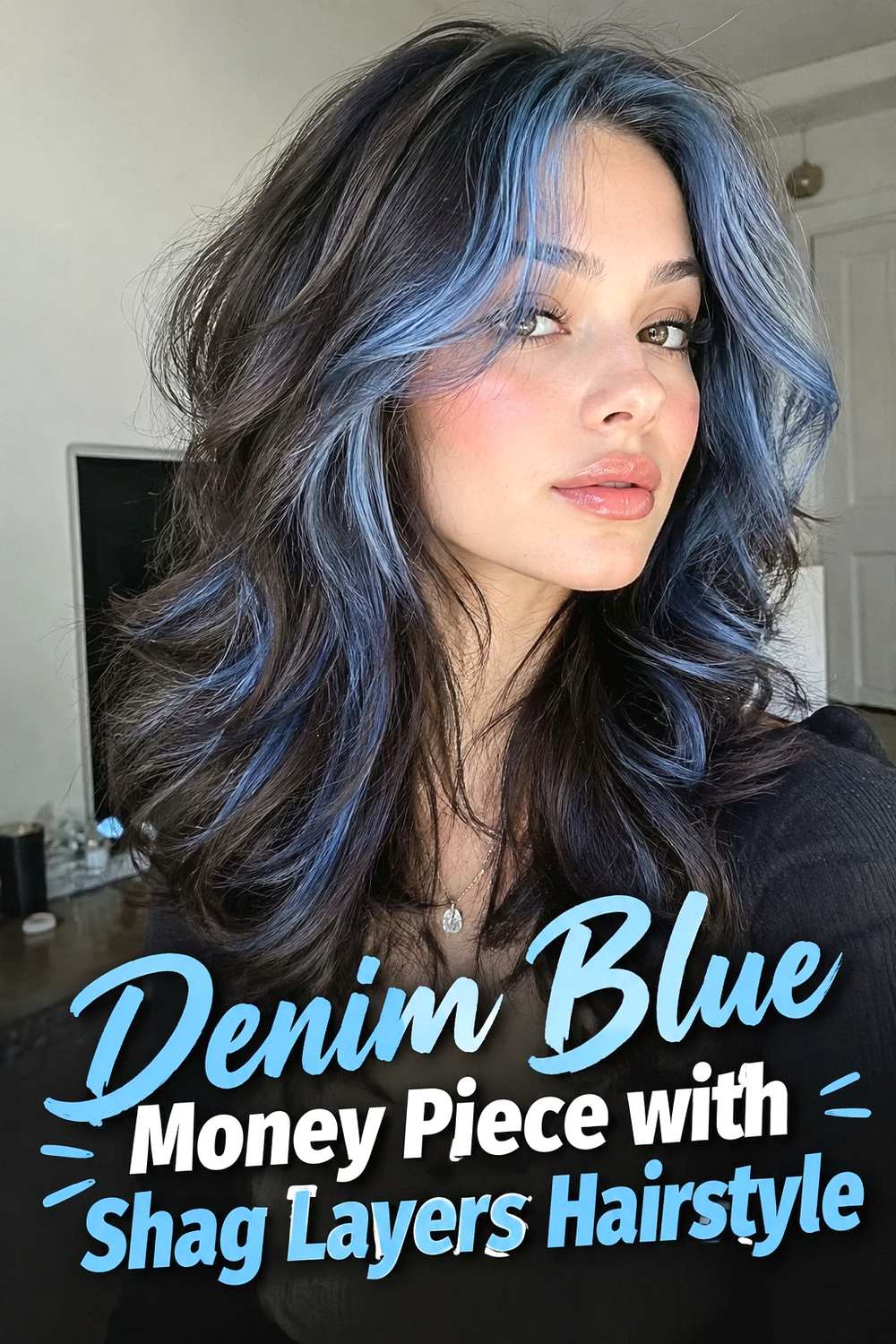 7. Denim Blue Money Piece With Shag Layers Hairstyle
