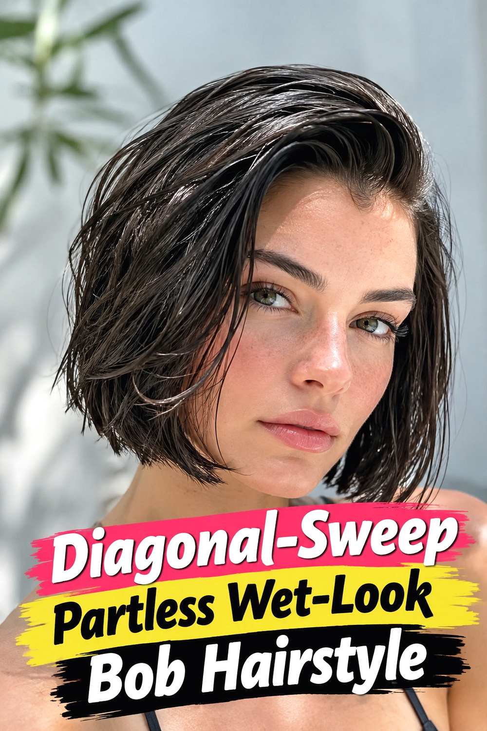10. Diagonal Sweep Partless Wet Look Bob Hairstyle