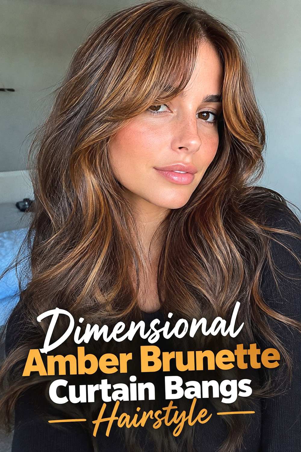 20. Dimensional Amber Brunette Curtain Bangs Hairstyle