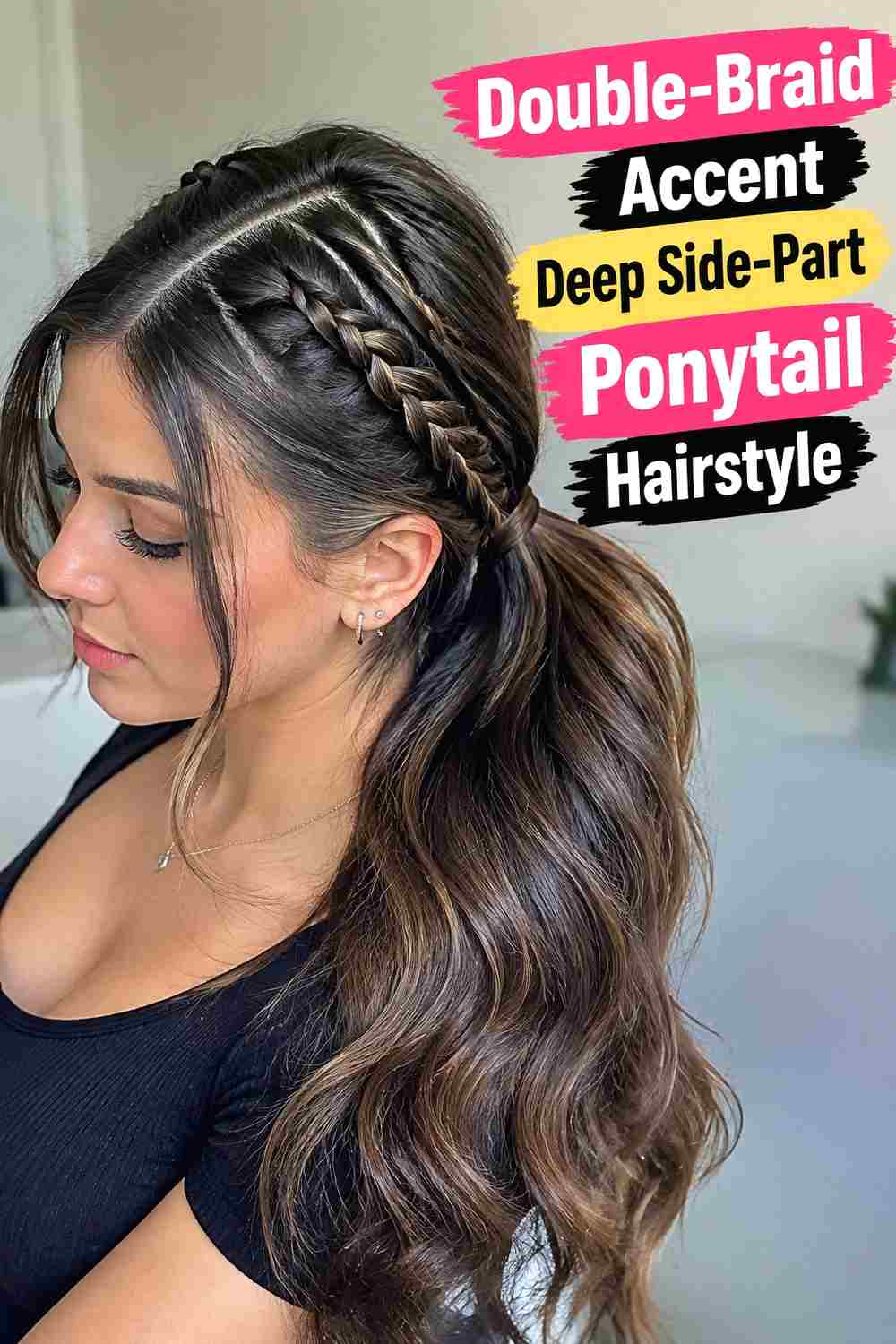 13. Double Braid Accent Deep Side Part Ponytail Hairstyle