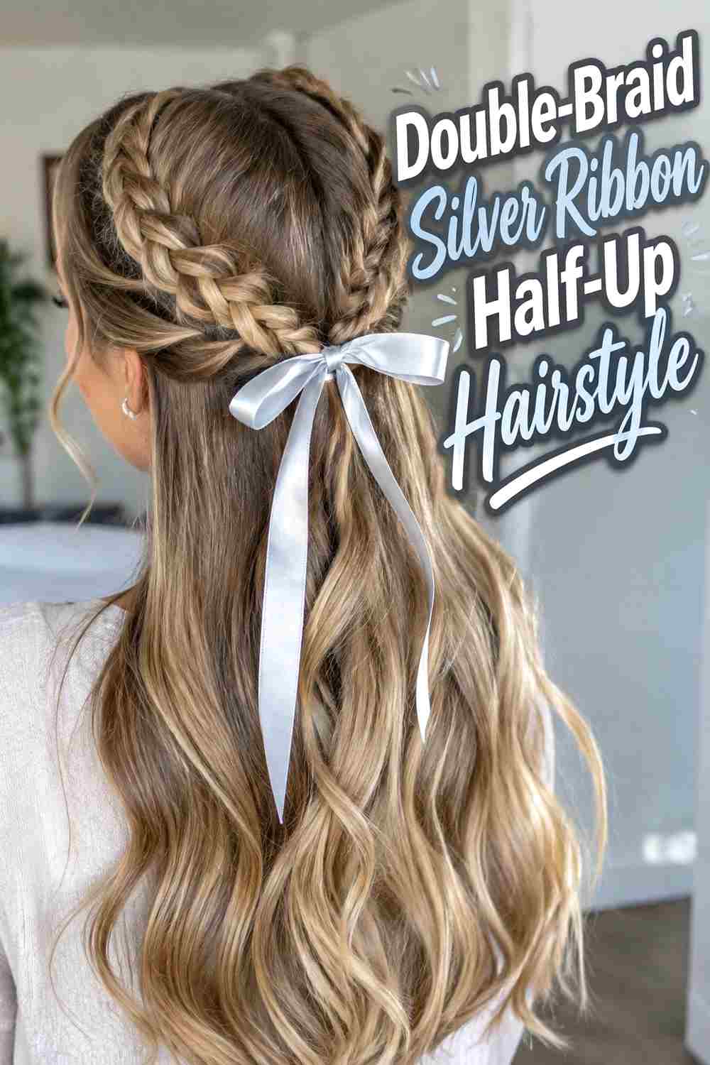 10. Double Braid Silver Ribbon Half Up Hairstyle