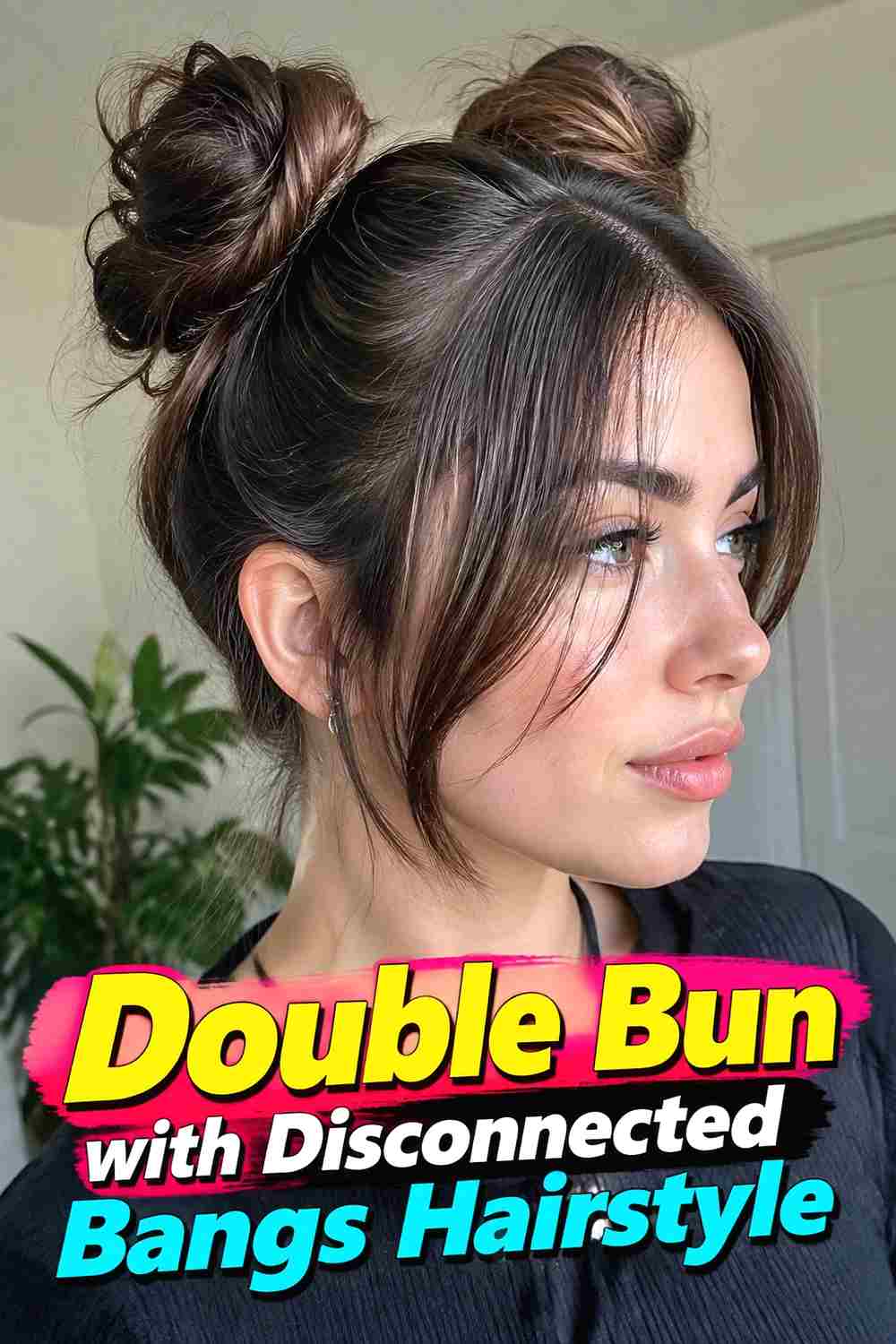 10. Double Bun With Disconnected Bangs Hairstyle