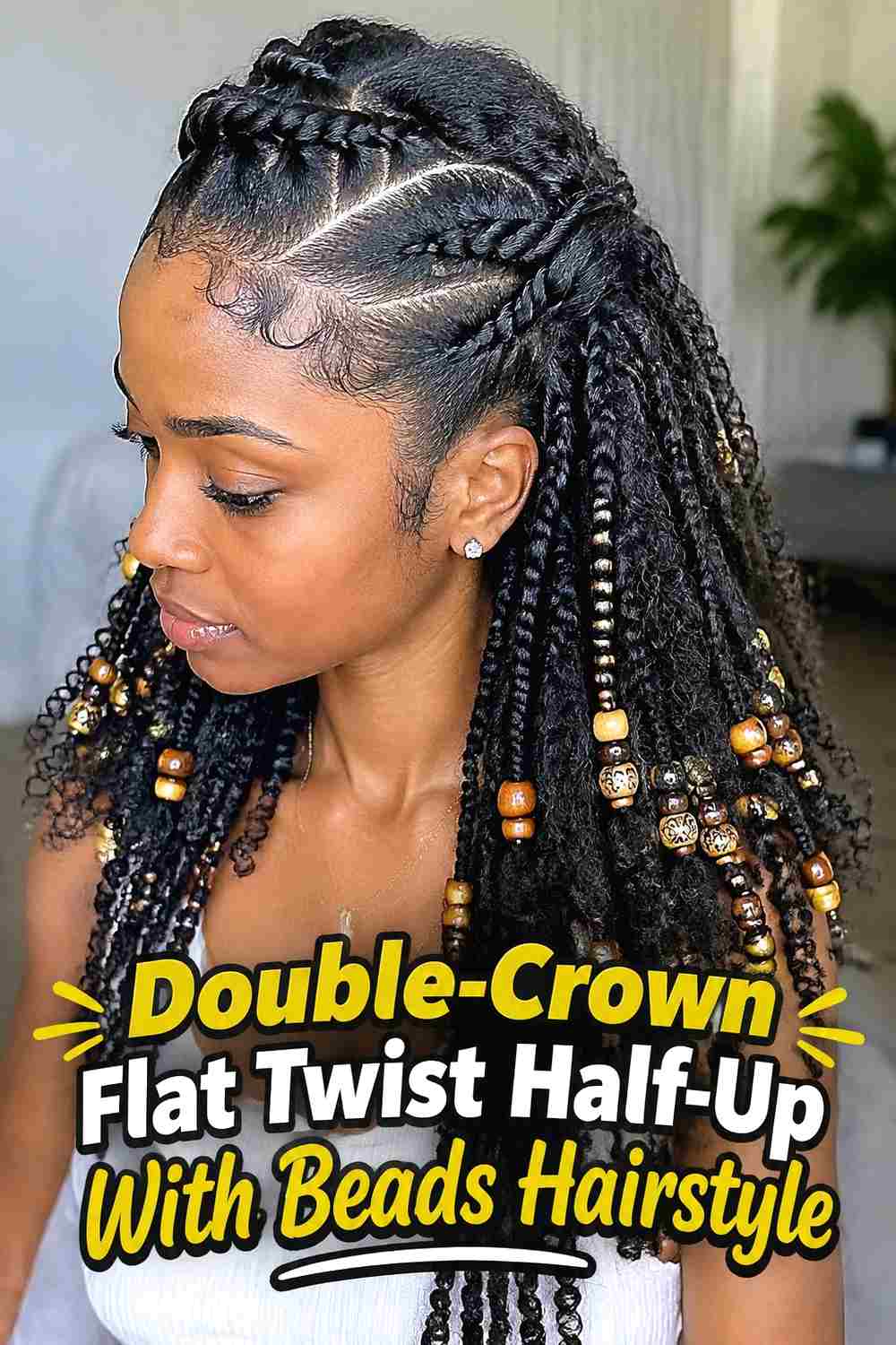 3. Double Crown Flat Twist Half Up With Beads Hairstyle