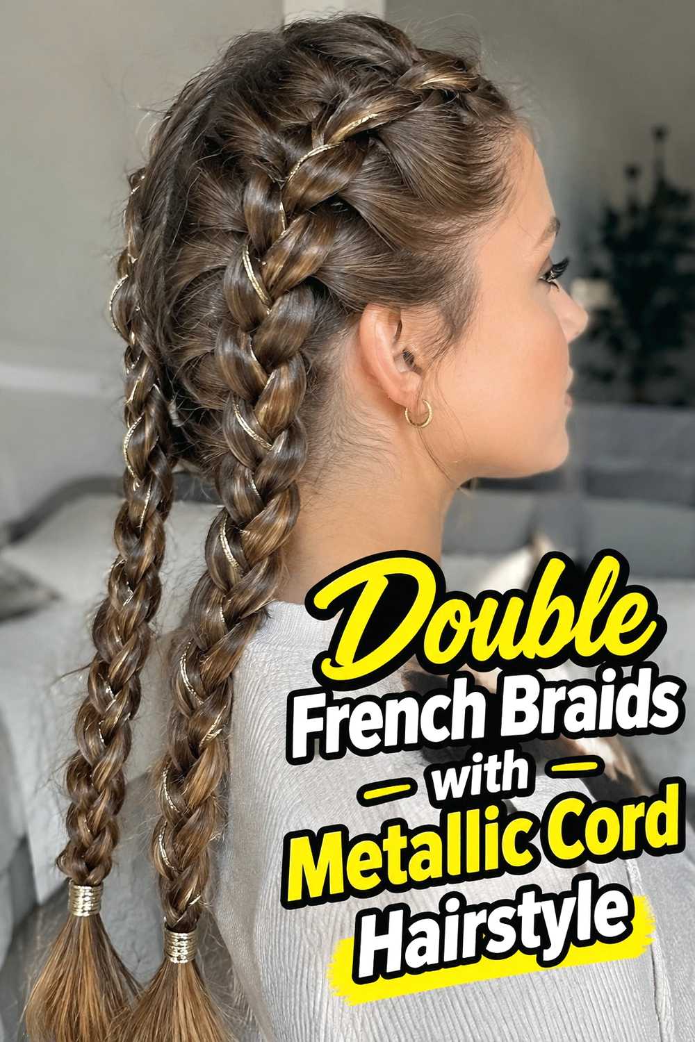 5. Double French Braids With Metallic Cord Hairstyle