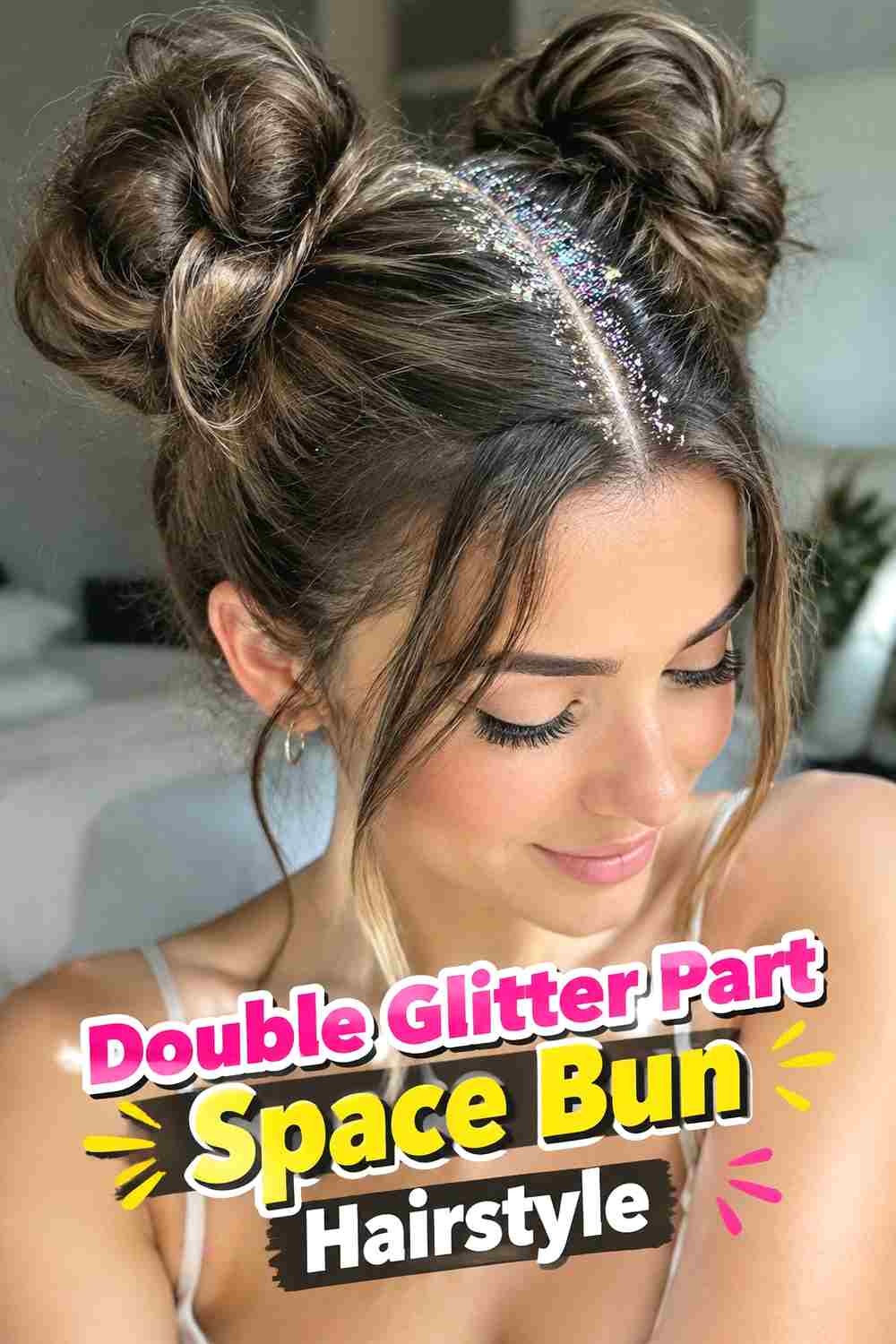 9. Double Glitter Part Space Bun Hairstyle