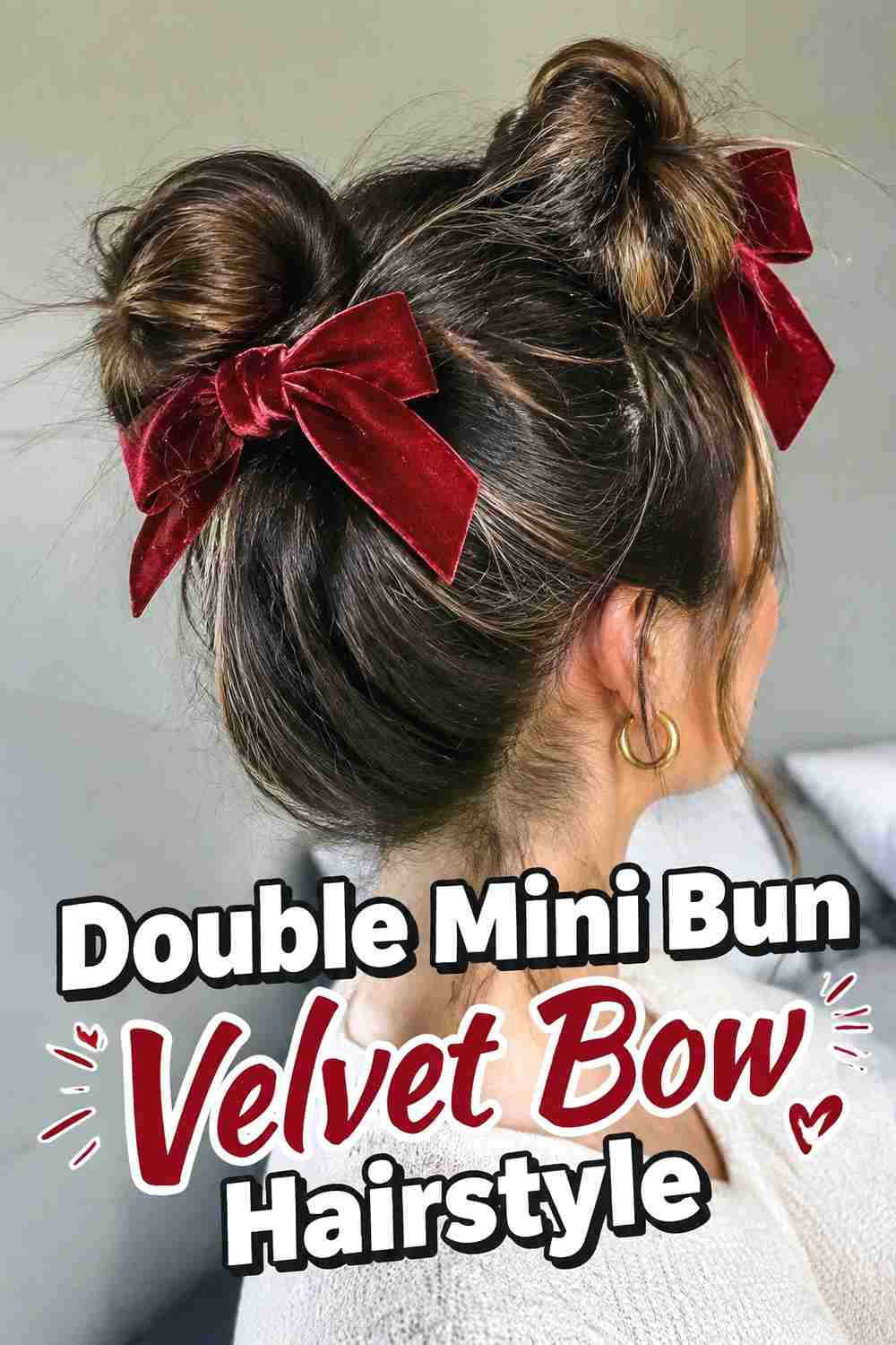 12. Double Mini Bun Velvet Bow Hairstyle