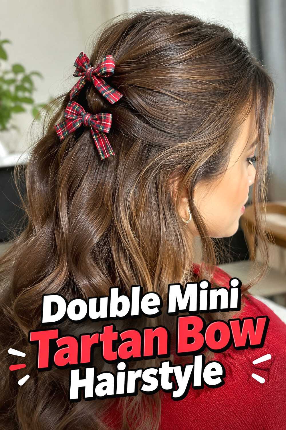 7. Double Mini Tartan Bow Hairstyle