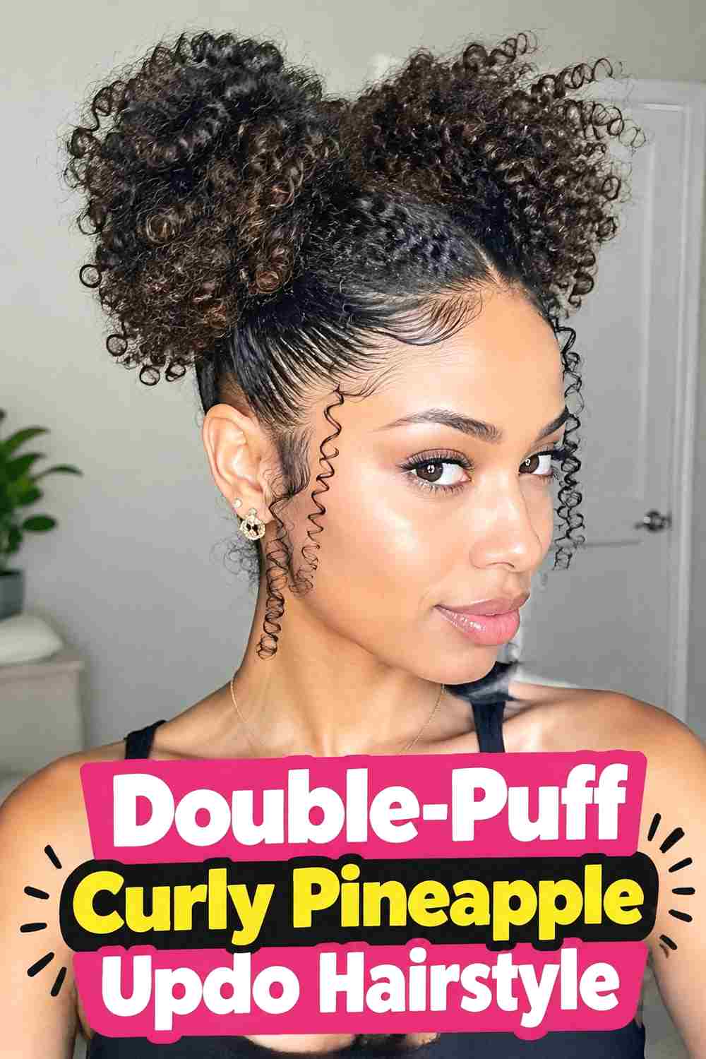 10. Double Puff Curly Pineapple Updo Hairstyle