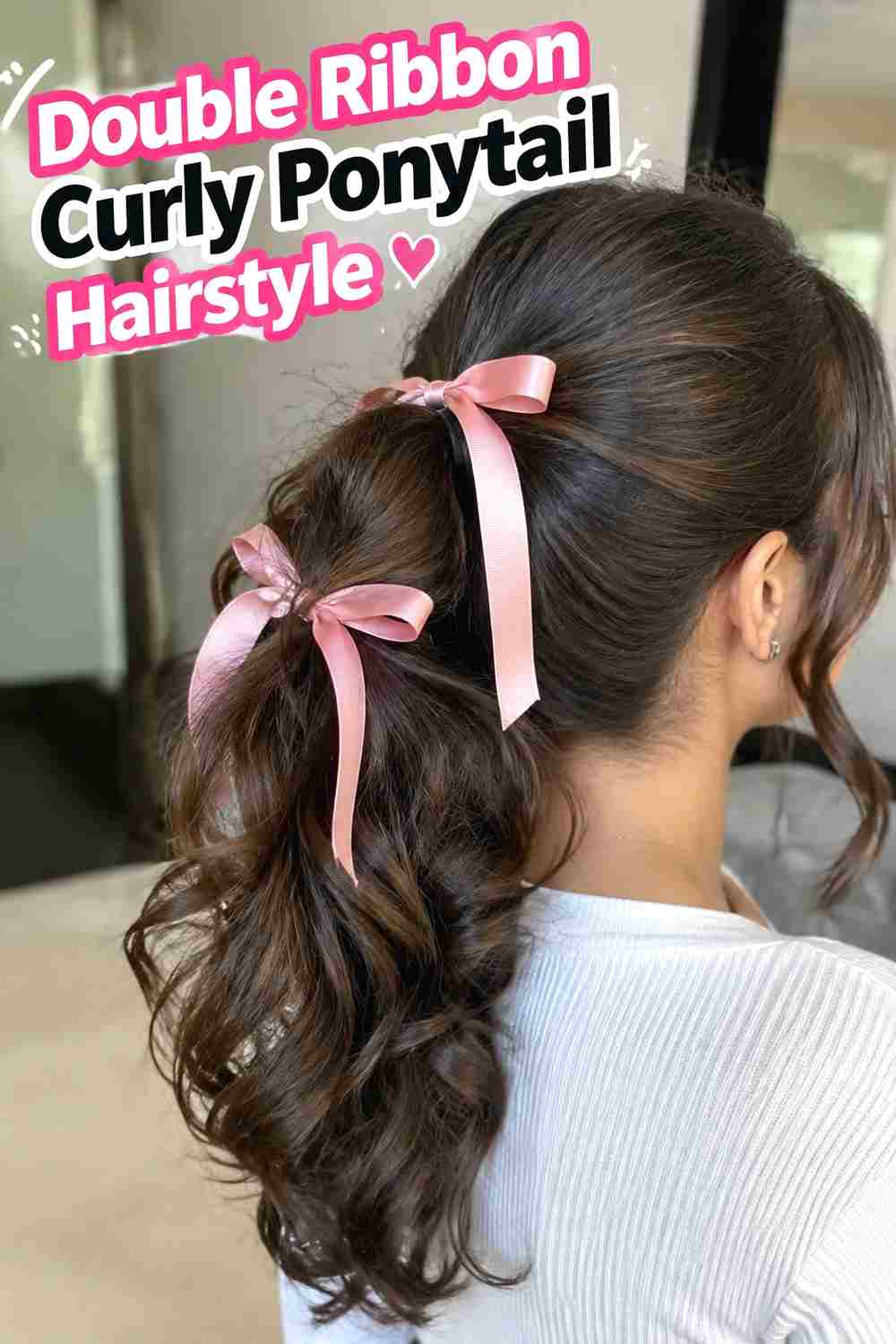 7. Double Ribbon Curly Ponytail Hairstyle