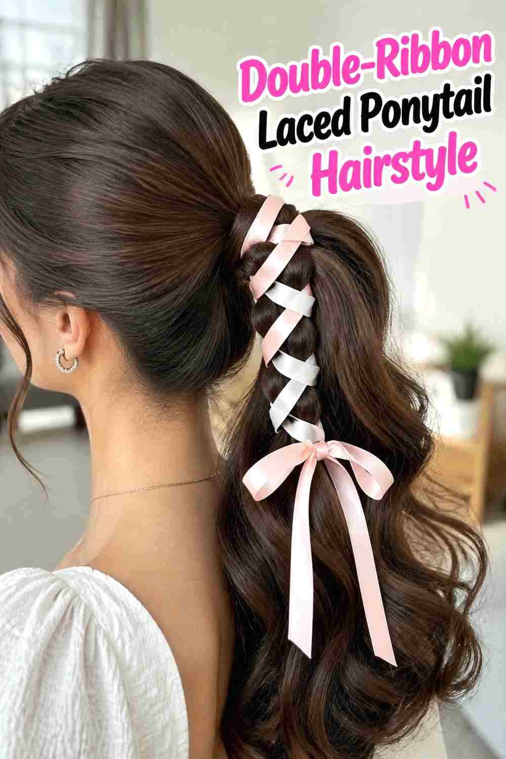 14. Double Ribbon Laced Ponytail Hairstyle