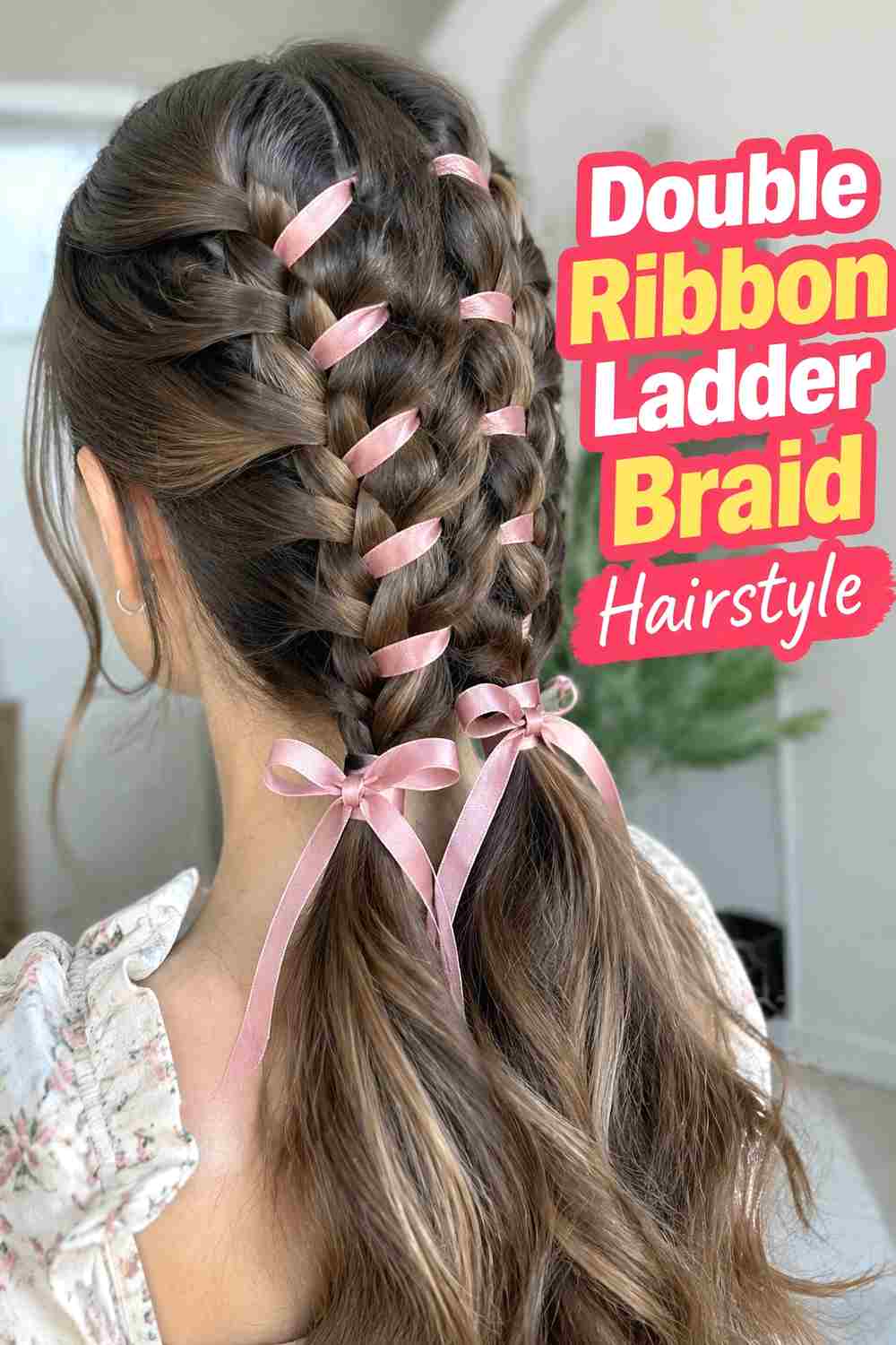 3. Double Ribbon Ladder Braid Hairstyle