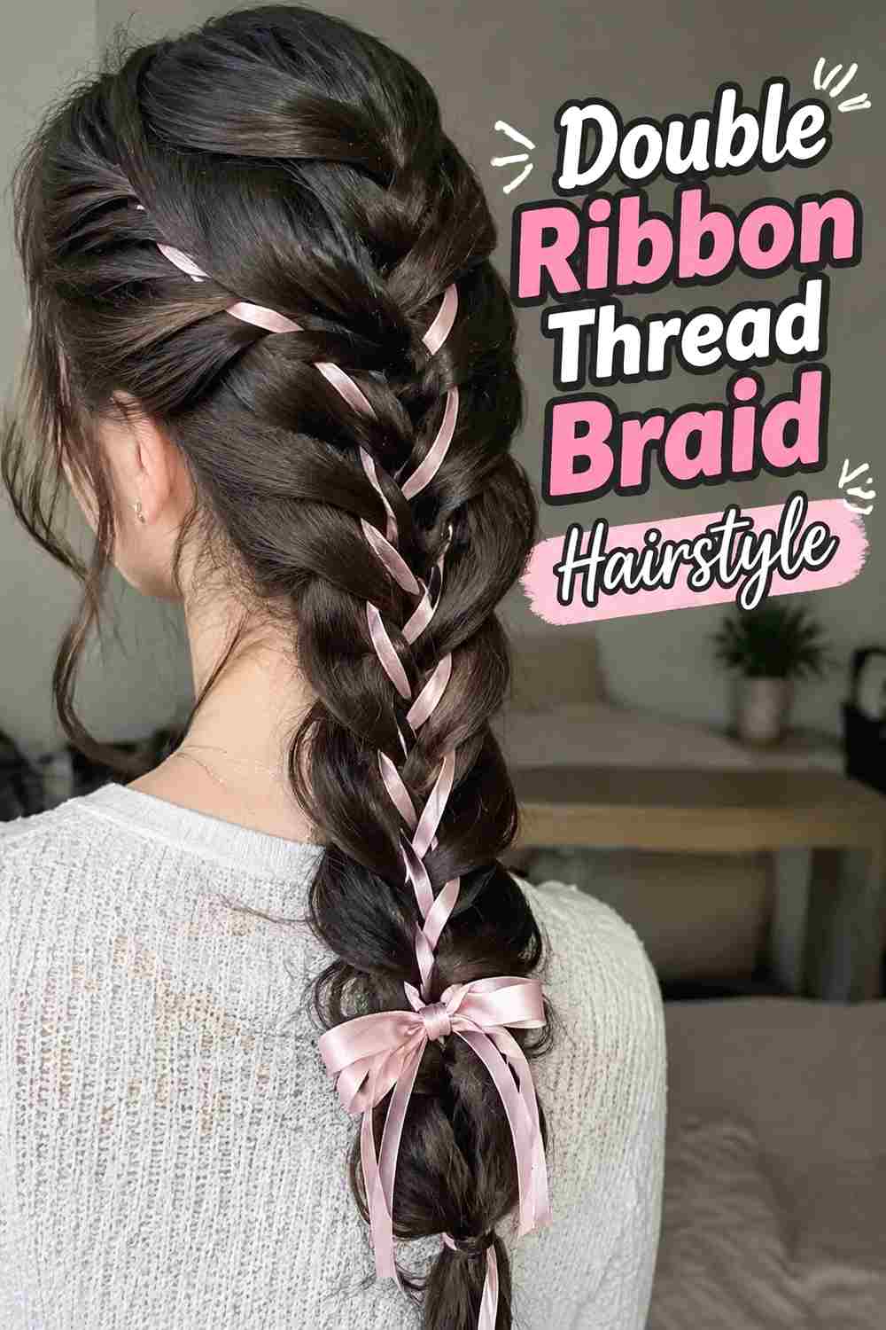 6. Double Ribbon Thread Braid Hairstyle