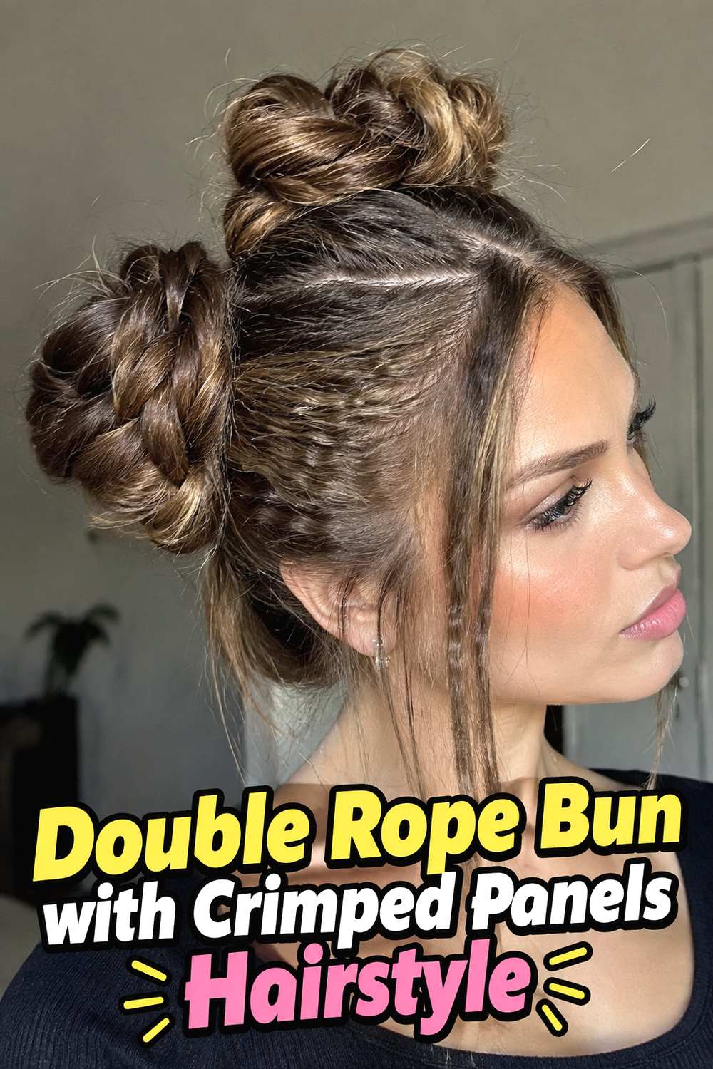 Double Rope Bun with Crimped Panels Hairstyle