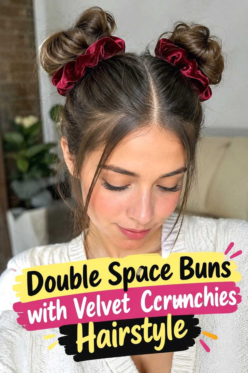 9. Double Space Buns With Velvet Scrunchies Hairstyle