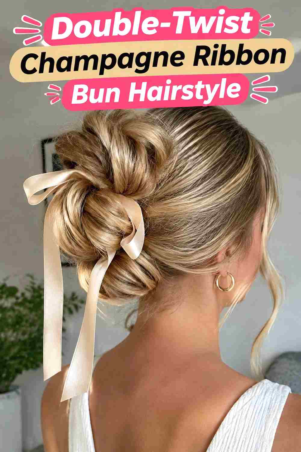 9. Double Twist Champagne Ribbon Bun Hairstyle