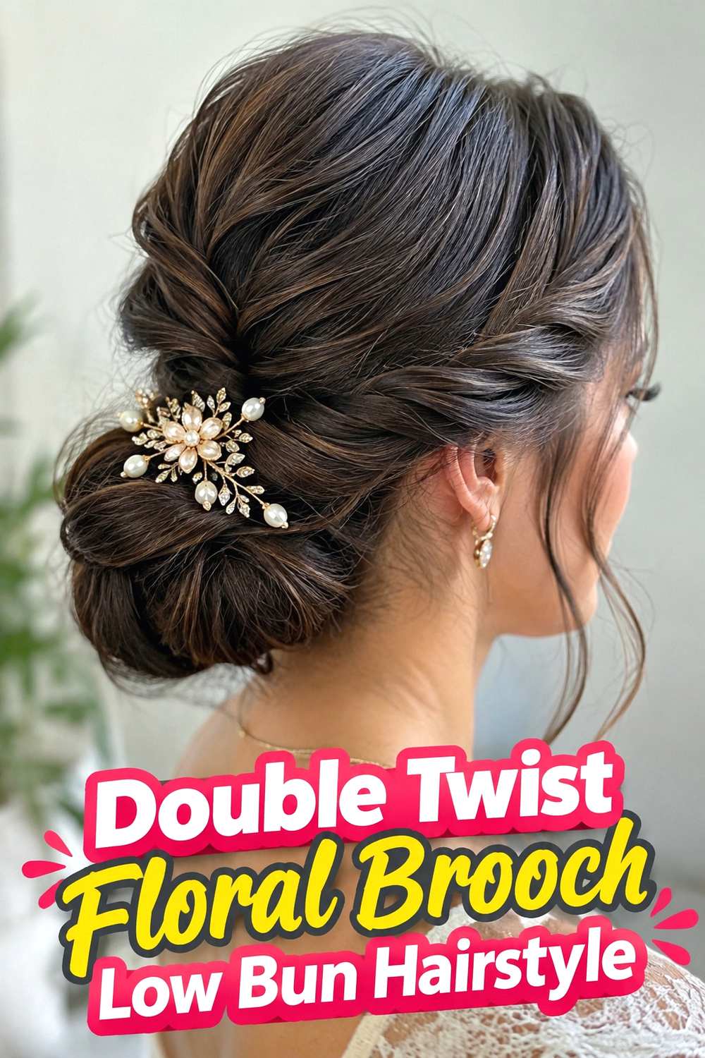 10. Double Twist Floral Brooch Low Bun Hairstyle