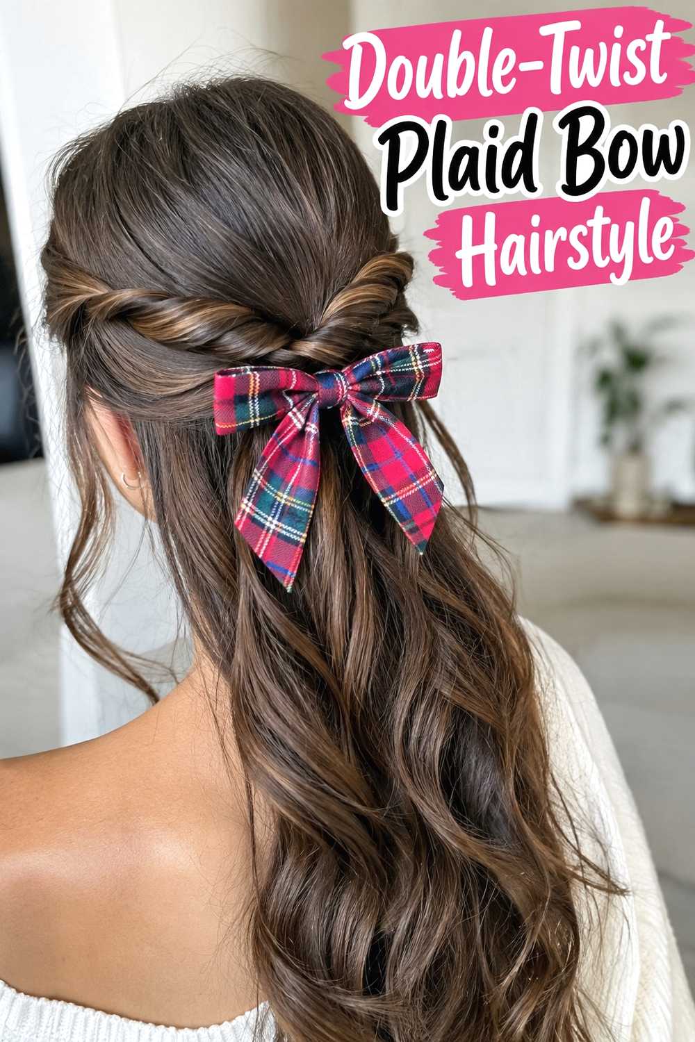 8. Double Twist Plaid Bow Hairstyle
