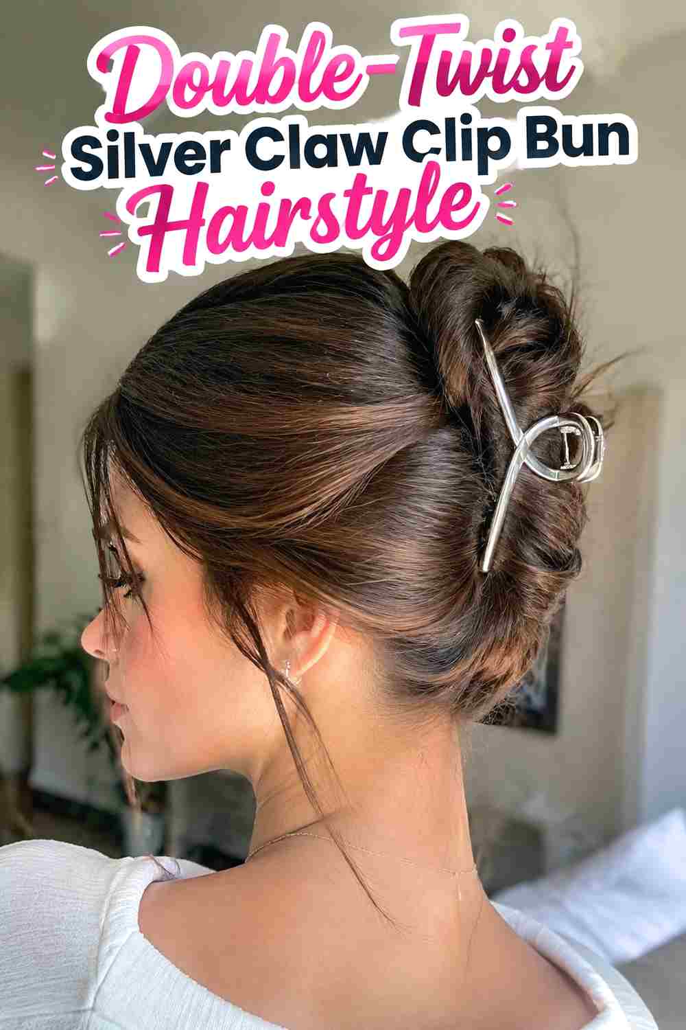 7. Double Twist Silver Claw Clip Bun Hairstyle