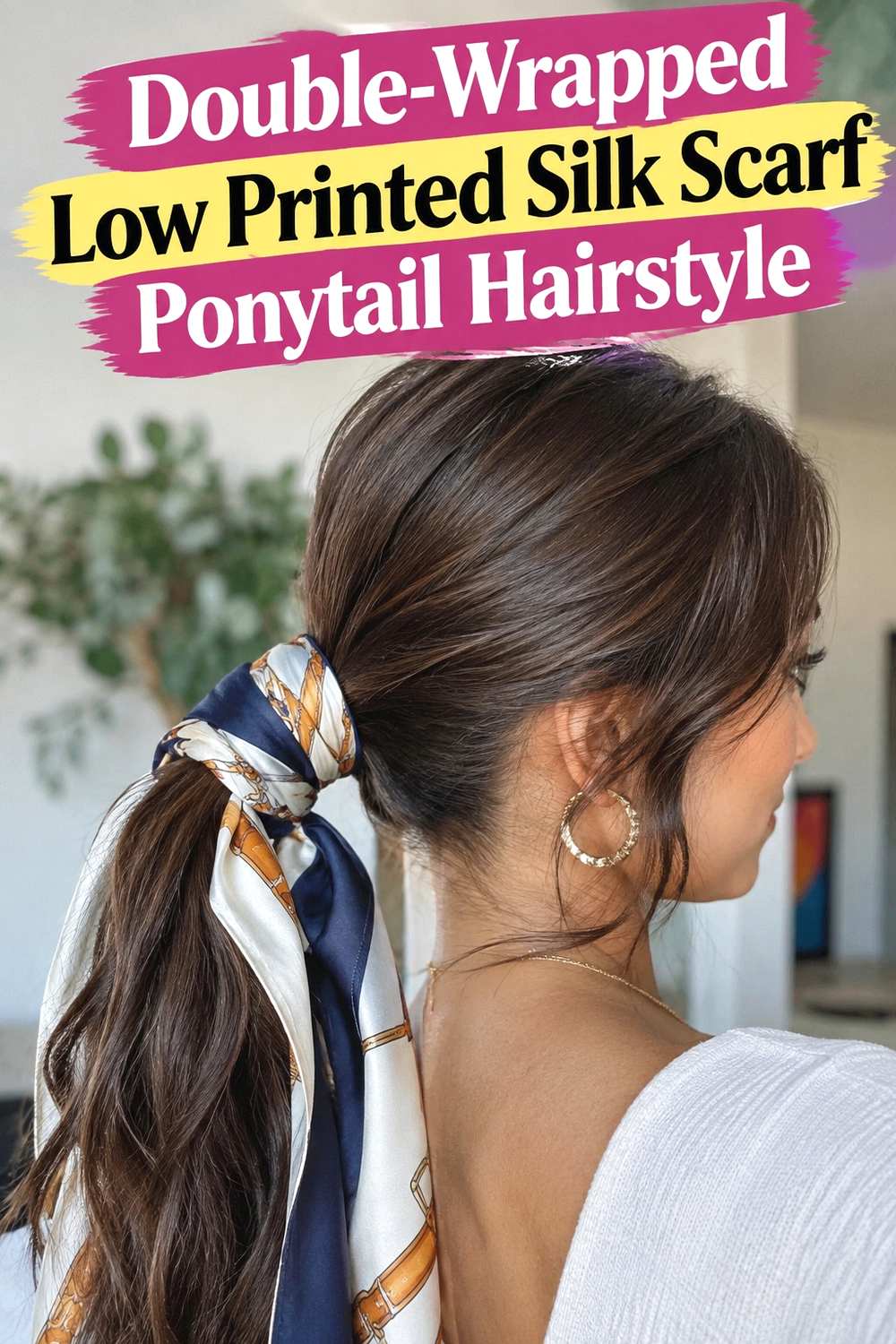 16. Double Wrapped Low Printed Silk Scarf Ponytail Hairstyle