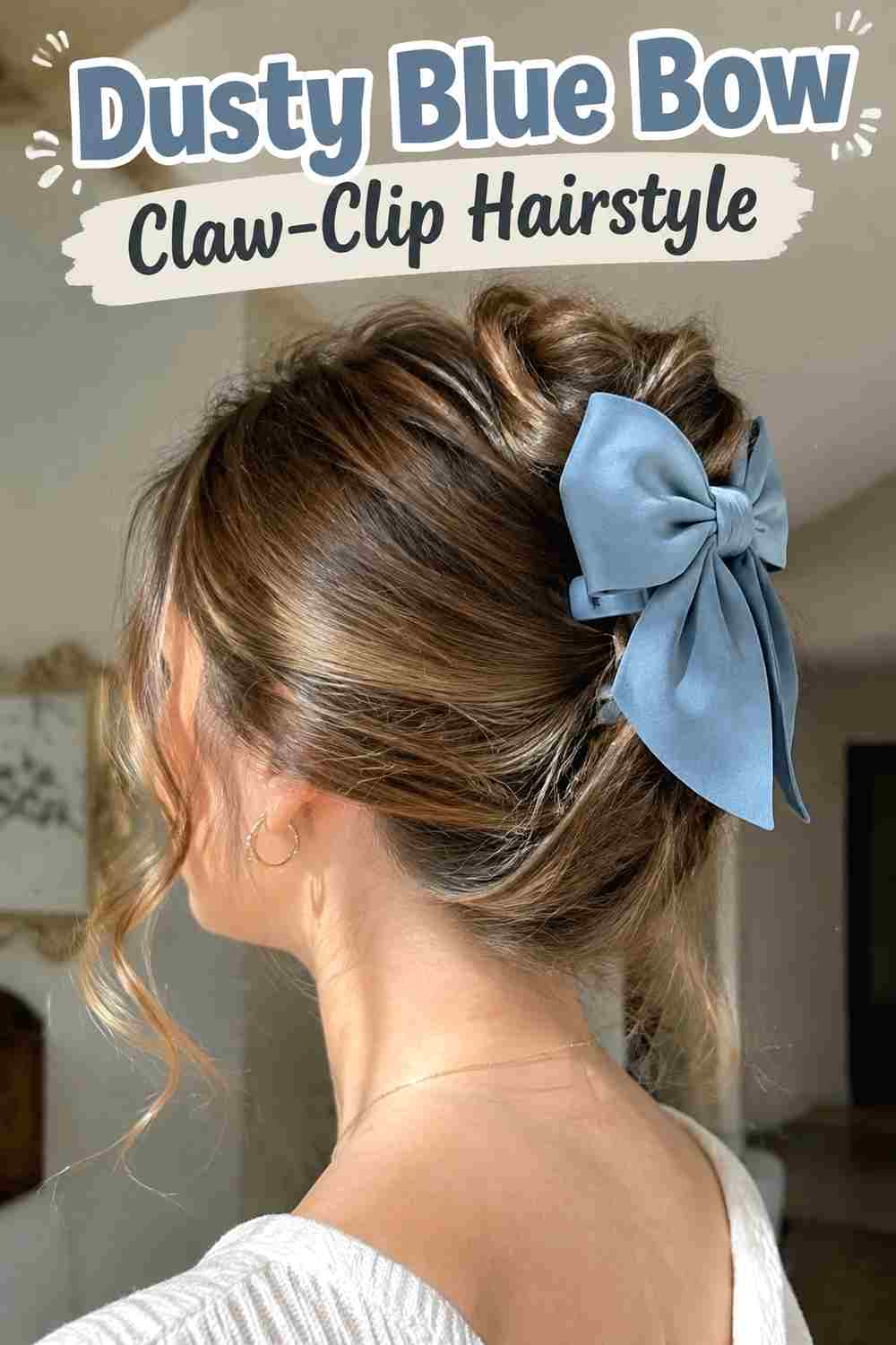 12. Dusty Blue Bow Claw Clip Hairstyle