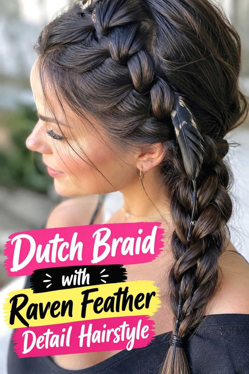 7. Dutch Braid With Raven Feather Detail Hairstyle