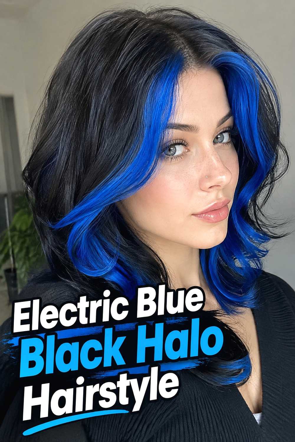 3. Electric Blue Black Halo Hairstyle