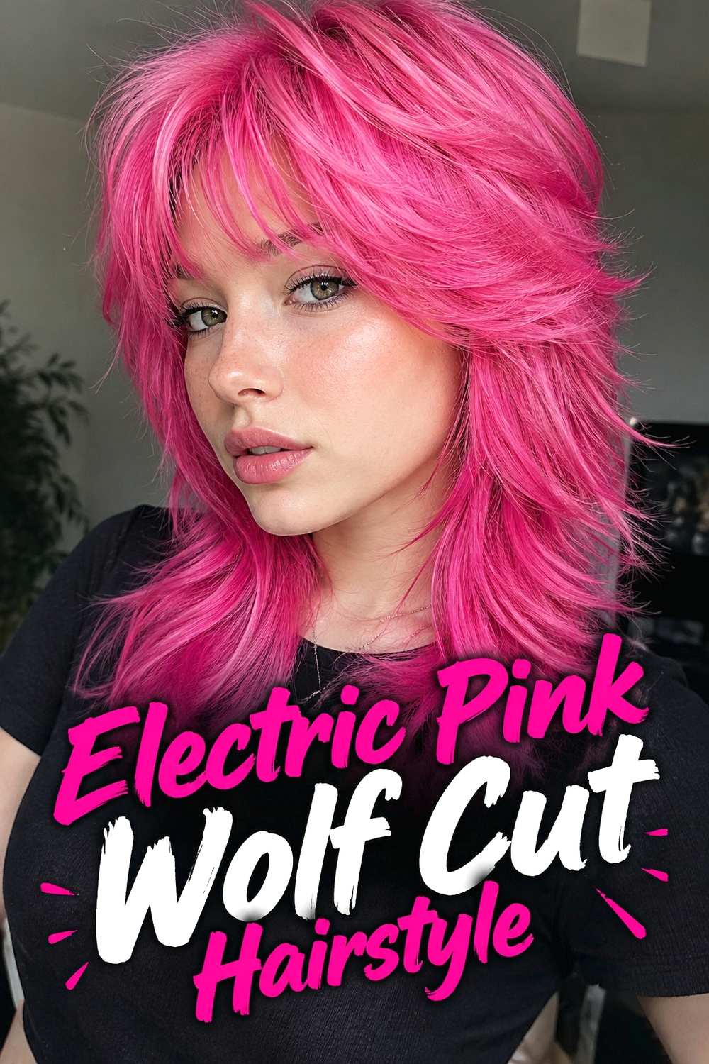 24. Electric Pink Wolf Cut Hairstyle