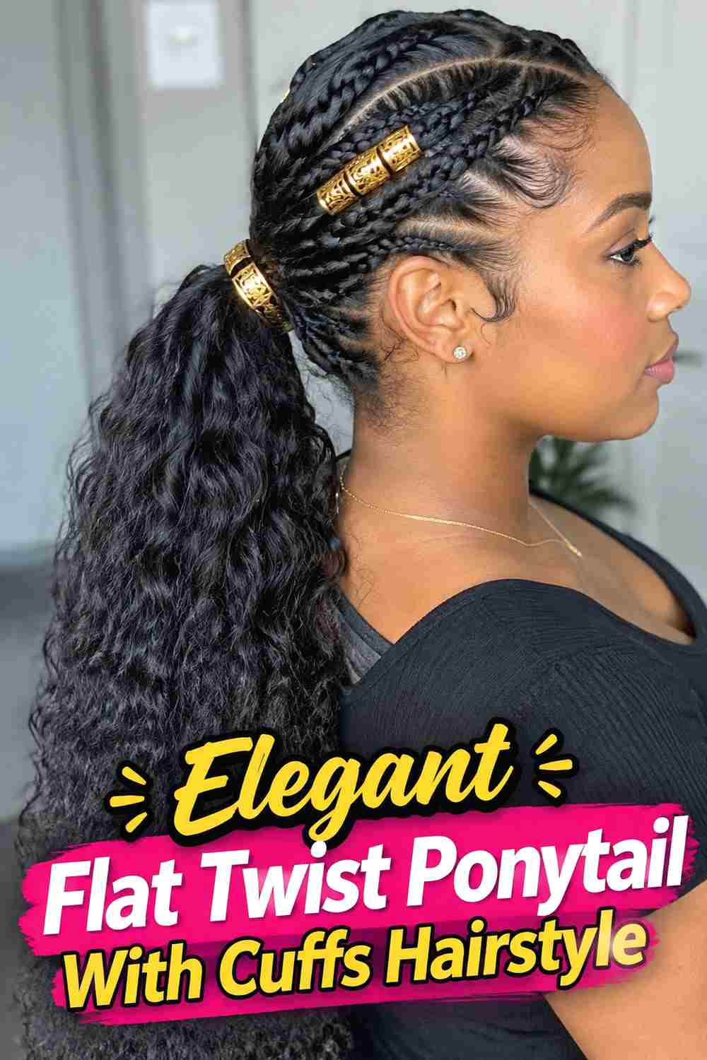 19. Elegant Flat Twist Ponytail With Cuffs Hairstyle
