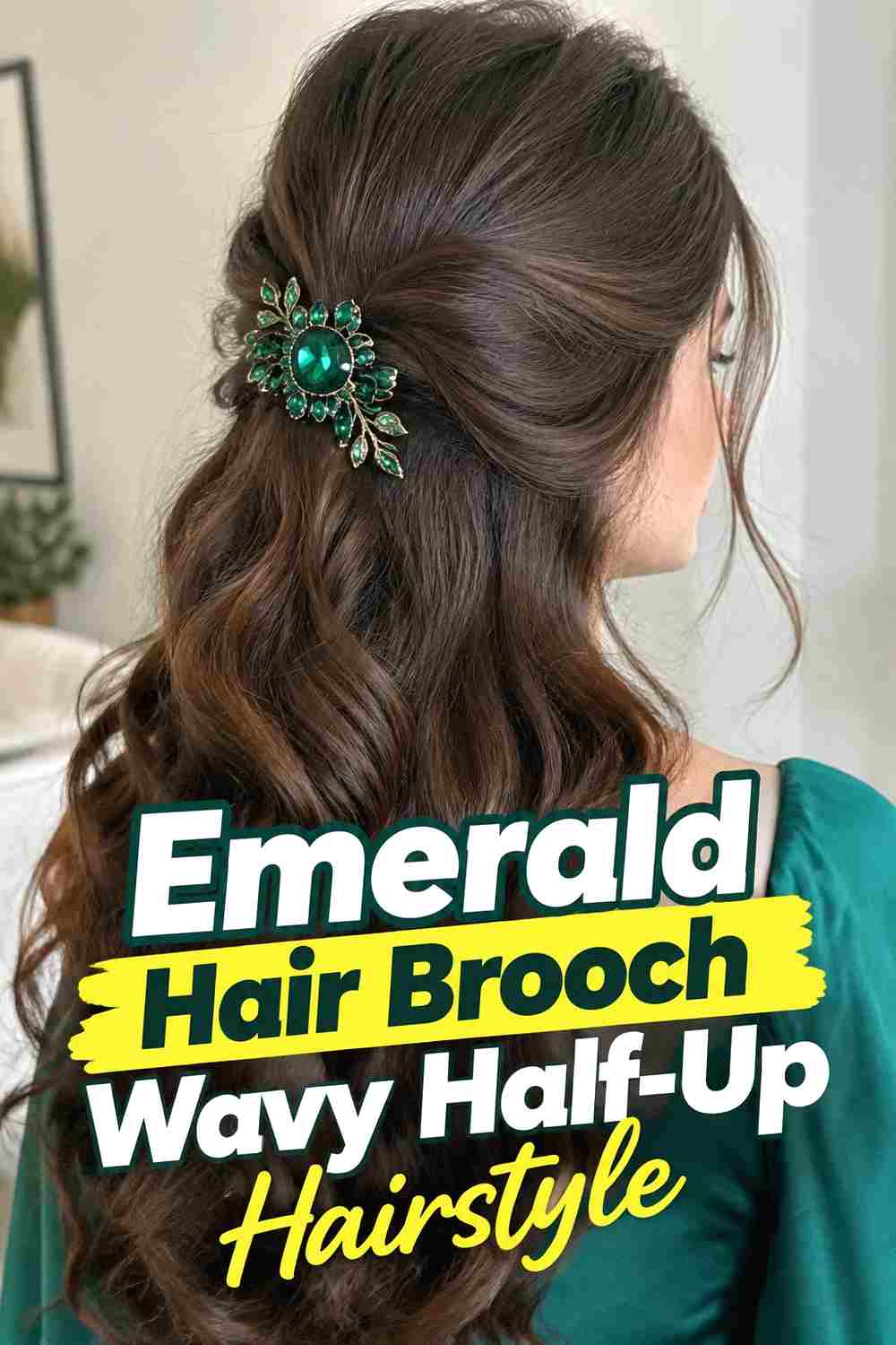 12. Emerald Hair Brooch Wavy Half Up Hairstyle