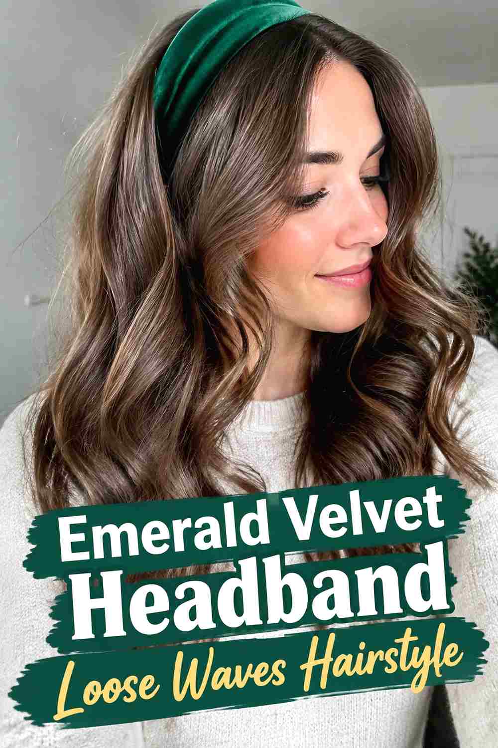 1. Emerald Velvet Headband Loose Waves Hairstyle