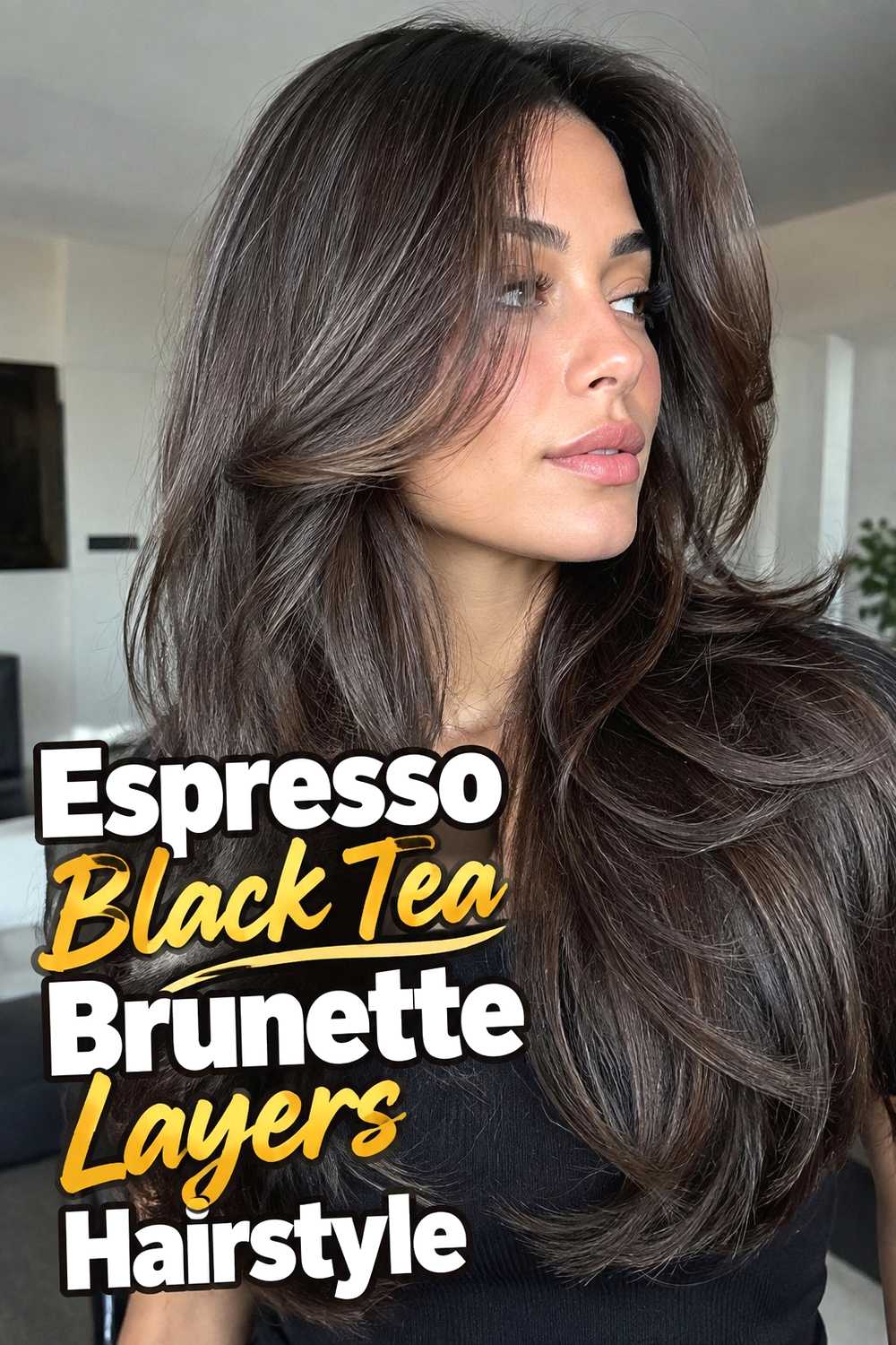 2. Espresso Black Tea Brunette Layers Hairstyle