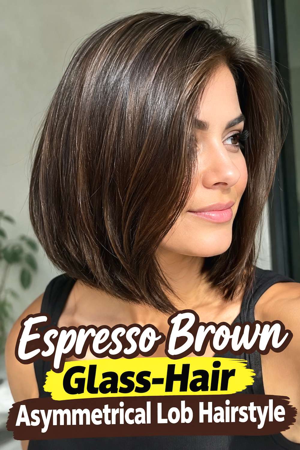 Espresso Brown Glass-Hair Asymmetrical Lob Hairstyle