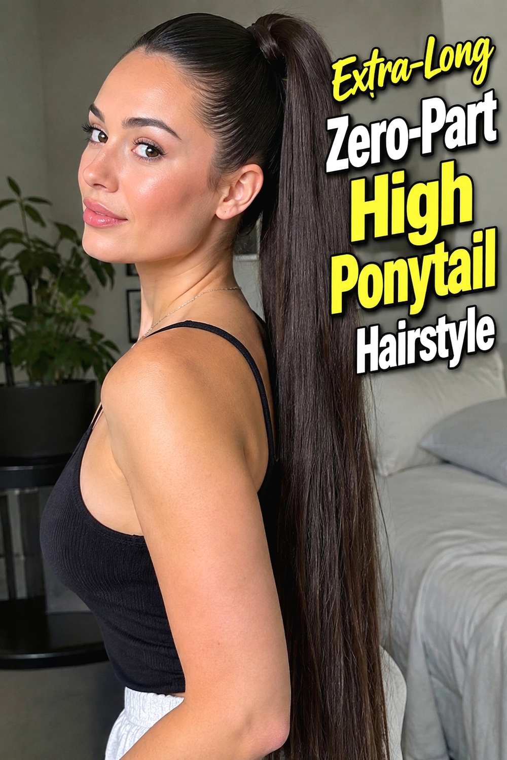 12. Extra Long Zero Part High Ponytail Hairstyle