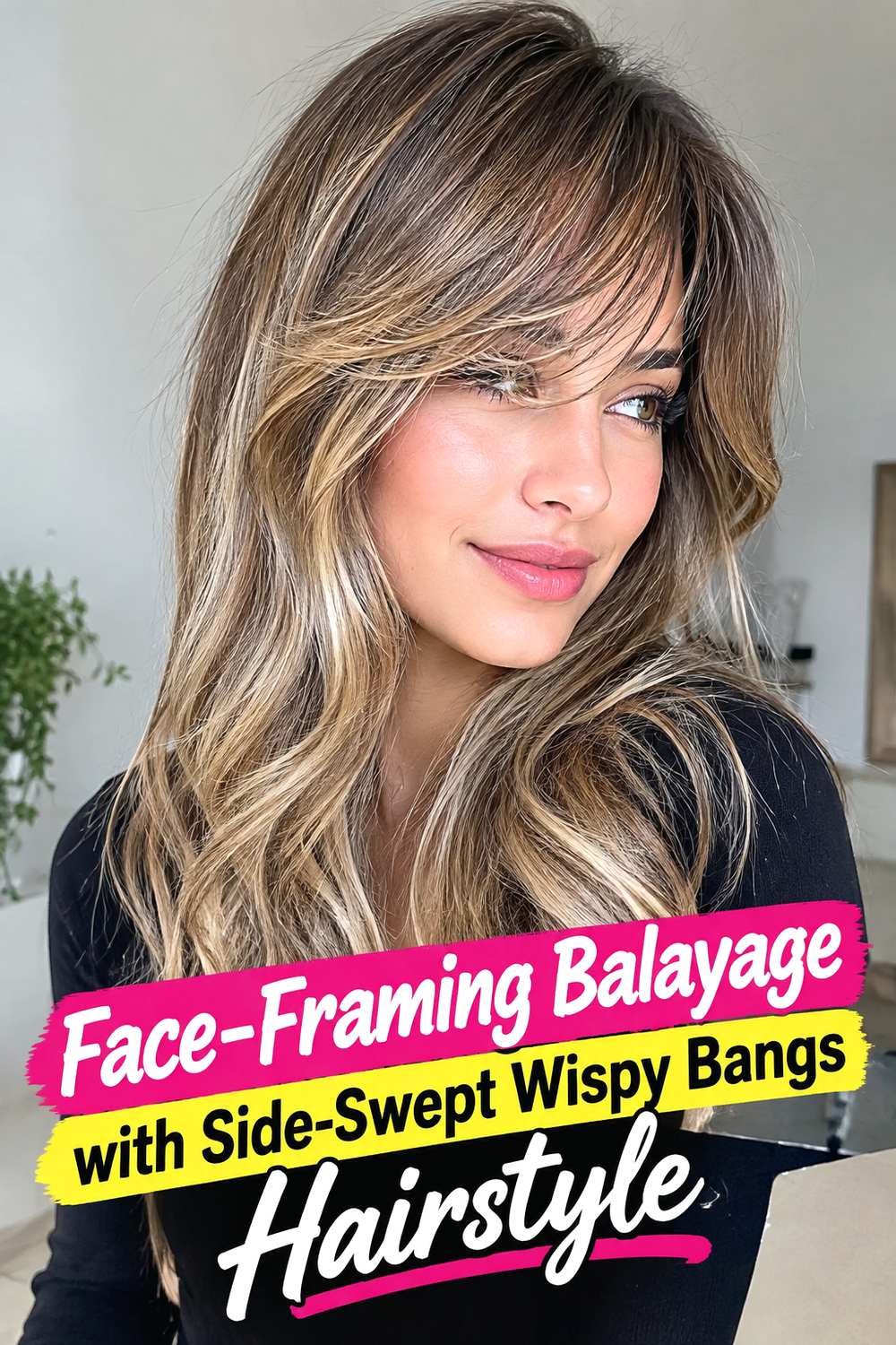 13. Face Framing Balayage With Side Swept Wispy Bangs Hairstyle
