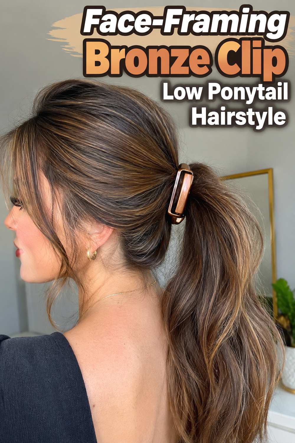 Face-Framing Bronze Clip Low Ponytail Hairstyle