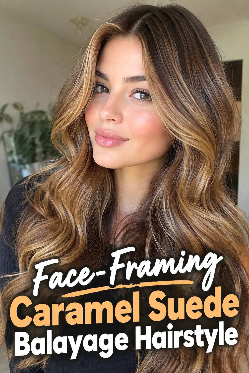 2. Face Framing Caramel Suede Balayage Hairstyle