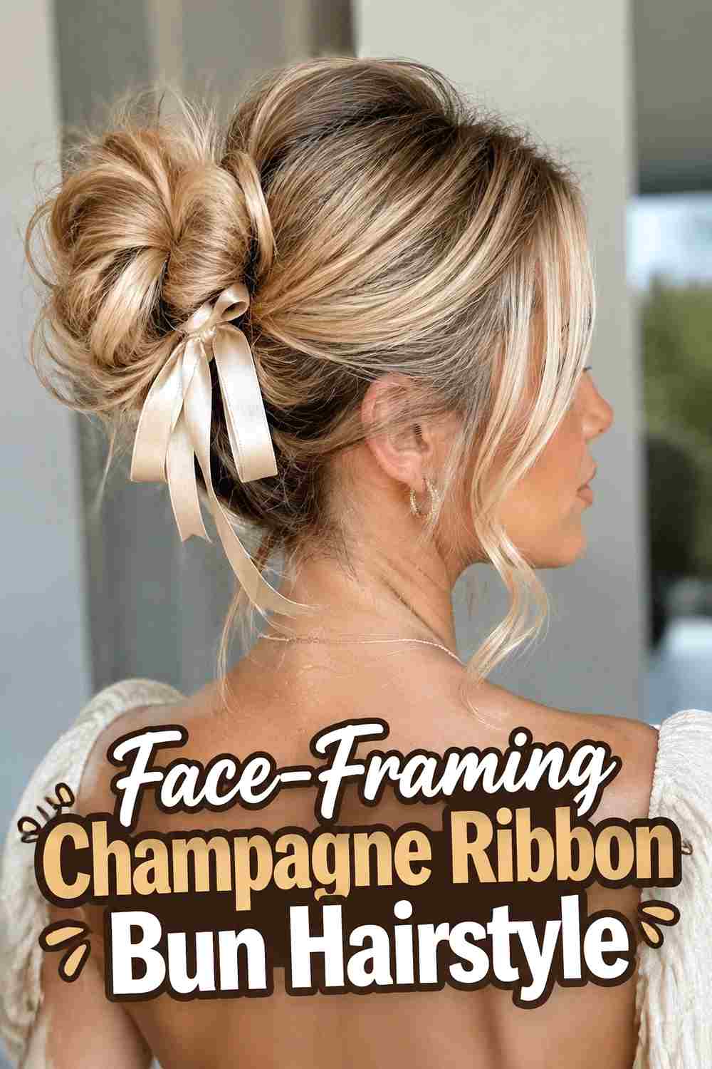 17. Face Framing Champagne Ribbon Bun Hairstyle
