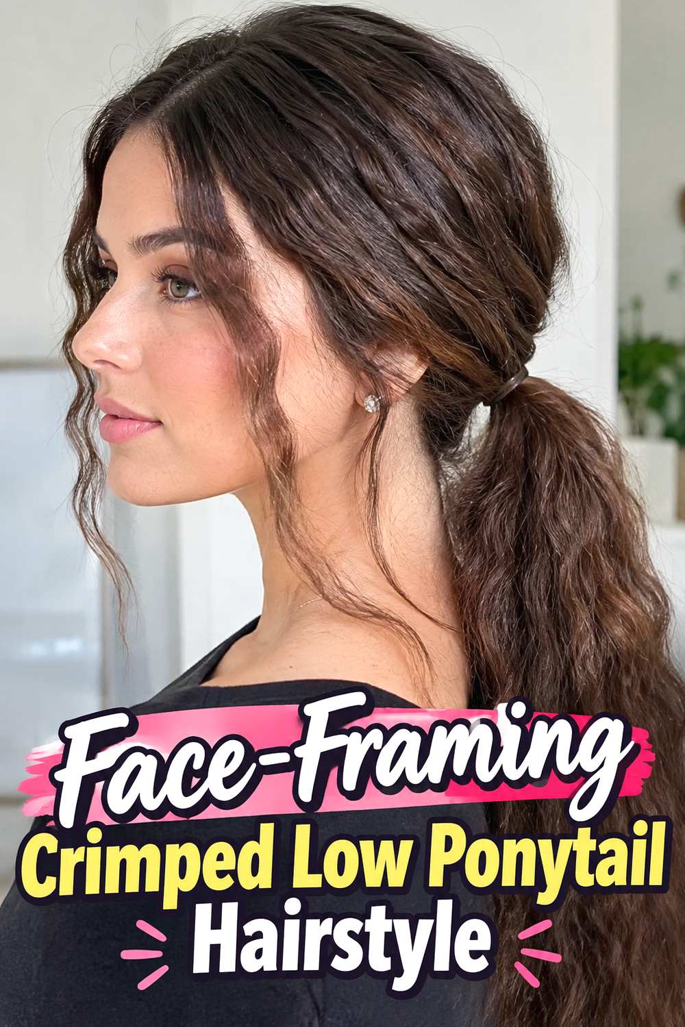 Face-Framing Crimped Low Ponytail Hairstyle