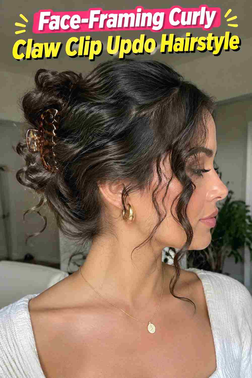 8. Face Framing Curly Claw Clip Updo Hairstyle