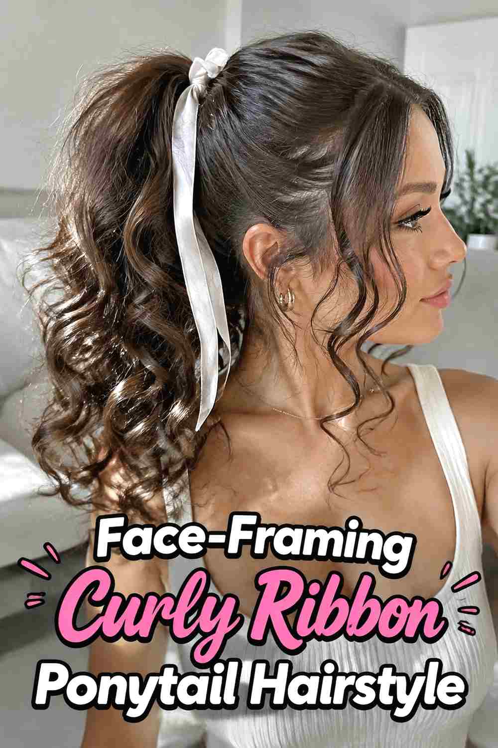 12. Face Framing Curly Ribbon Ponytail Hairstyle