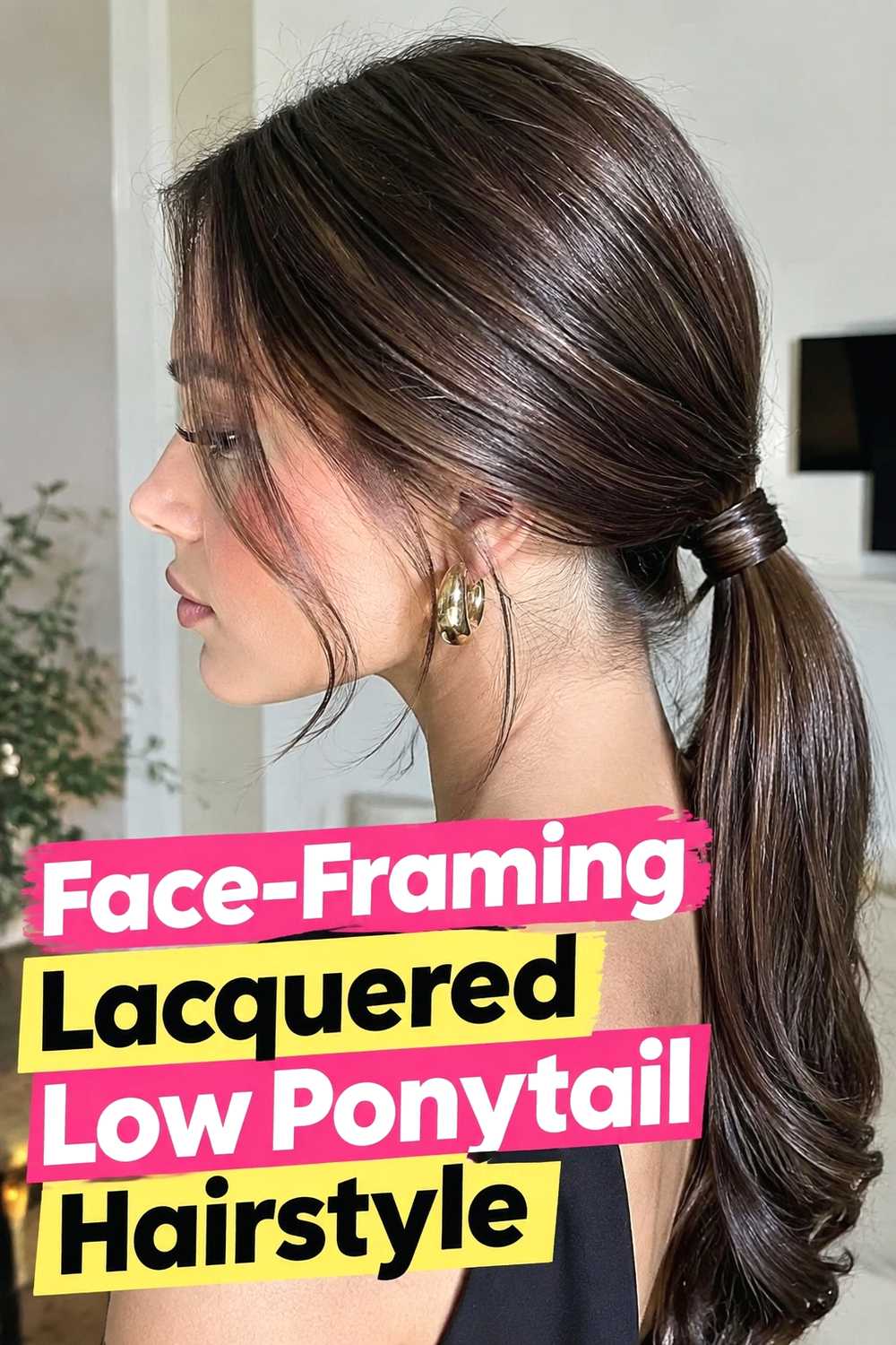 6. Face Framing Lacquered Low Ponytail Hairstyle