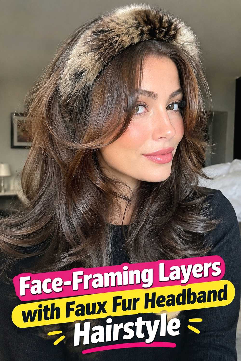 13. Face Framing Layers With Faux Fur Headband Hairstyle